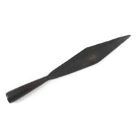 Spearhead. A large iron spearhead almost a foot and a half long. The blade is an elongated diamond shape and it has a tapered socket taking up about a third of the length.