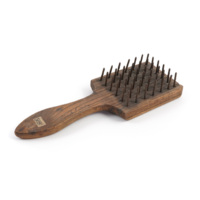 Heckle. A large square wooden comb with a handle and iron pins pointing up from the body.