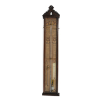 Barometer. Large barometer, about a metre tall, with a glass tube containing mercury. The wooden frame is elaborately carved at the top in a triangular shape with scrolls on the sides and a rose at the top. The body is covered with paper which has the instructions printed on and is decorated with gothic arches and trefoils.