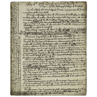 Notebook. A page from a manuscript titled Essay 4th Of the liberty of moral agents. The text is written in a clear cursive hand. Some words and paragraphs are crossed out, extra lines have been squeezed in, and the whole margin has been filled with text written sideways.