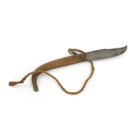 Gutting knife. A knife with a hooked steel blade, a curved wooden handle and a cord attached to a metal loop near the blade.