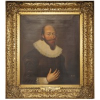 Portrait of Robert Gordon of Straloch. Oil painting of a balding white man with a pointed beard and moustache wearing a large white ruff and heavy black clothing with white cuffs decorated with lacework. He is holding his hand to his chest with the fingers slightly outspread.
