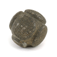 Carved stone ball. Roughly the size of a tennis ball. Grey stone ball with six large, flat circular knobs equidistant from each other. Each knob has a fine grid pattern cut into it.