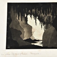 Drawing depicting a view of an interior of a cave looking towards the entrance. Stalactites are visible from the ceiling. A figure is visible in the far distance.