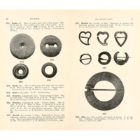 Museum catalogue. An open book with a numbered list of objects such as beads and brooches. The size, materials and decorative elements of the objects are described and some are depicted with black and white photographs.