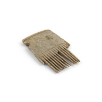 Comb. Small comb made of bone, broken in half with some teeth missing. Decorated with incised lines along the top edges and teeth, and with a pierced hole.