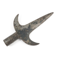 Pike head. A large flat iron point with two curved points projecting from the bottom, on a wide iron socket.