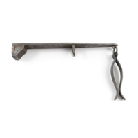 Letter scales. A small steel bar with a weight on one end, a projection for balancing the bar near the middle, and a pair of tongs hanging from the other end.