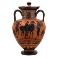 Amphora. A terracotta vase with handles and a lid, and decoration painted with black and dark red. Two men in togas are conversing and gesticulating, between them is a horse with a third man behind it.