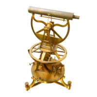 Equatorial telescope. A brass telescope mounted on a set of large, ornate brass wheels with finely graduated scales on them.
