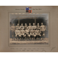 Aberdeen University Shinty Team 1920-21. Thirteen young men in sports clothing with shinty sticks posed for a team photograph.