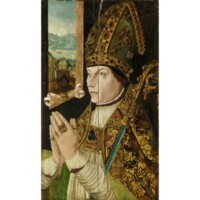Portrait of William Elphinstone. Oil painting of a middle aged white man wearing highly decorated and bejewelled bishop&#039;s hat and cloak in green and gold. The cloak is decorated with foliage patterns and images of saints. He has his hands in prayer and holds a crozier under one arm. He is next to a window out of which can be seen hills and a river with boats.