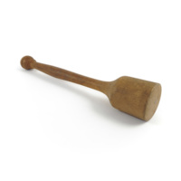Potato masher. A round wooden block with a long handle.
