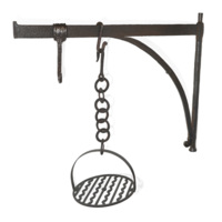 Sway and cruik. A large iron arm on a pole allowing it to rotate. Suspended on the arm with a hook and chain is a circular griddle composed of straight and wavy bars of iron.