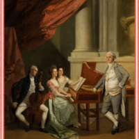 Oil painting of two white men and two white women wearing 18th century dress, in classical style surroundings. One man plays a cello, the two women play a duet on a piano, and the other man leans on the piano.