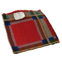 Carpet sample. A square piece of tartan carpet. Mainly red, with a narrow yellow and white grid pattern, a grid of wide bands of light and dark brown and mossy green, and dark blue, green and teal where the bands intersect.