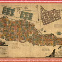 Old map of an island, with illustrations of ships in the sea. The landmass is divided into a regular grid of yellow, blue, green and pink rectangles. The rectangles have names of the landowners, and some have windmills in them.