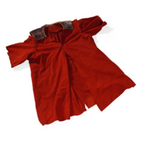 Gown. A red gown with short sleeves and a dull purple velvet collar.