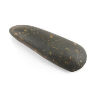 Axe head. A large oblong piece of dark brown polished stone with orange speckles. The stone is wider and sharpened at one end.