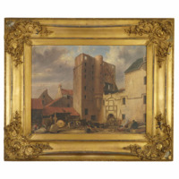 Painting. Oil painting of a large, tall building with a round tower being demolished. The roof has been removed, there are piles of rubble and labourers are handling pieces of stone. The painting is in a gilded frame.