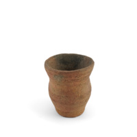 Ceramic beaker. A small pot which slightly flares out at the middle, before narrowing at the neck and flaring out toward the rim. It is decorated with dotted vertical and horizontal lines and cross hatching.
