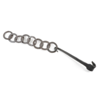 Cruik. A piece of iron about a foot long, with a wide flat hook on one end a small pointed hook on the other from which it hangs on a chain of large flat iron rings.