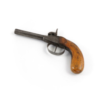 Pistol. A very small, simple pistol with a steel barrel and a wooden handle.