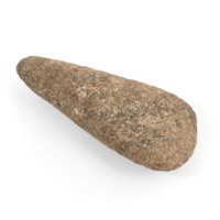Axe head. A large, roughly triangular axe head in coarse beige stone.