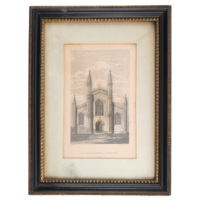 Print of St. Andrew&#039;s Cathedral, Aberdeen. A print of the front of a cathedral with a large arched doorway, three large slightly pointed arch shaped windows with tracery, four decorative towers, crenelated roof lines and a cross at the peak of the central roof. 
