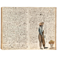 Pages of a manuscript journal with an illustration of a Black man wearing a tricorn hat, a blue shirt, brown trousers and an apron, and holding an adze. Also a Black person carrying a basket of plantains on their head.