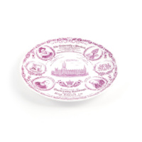 Plate. A china plate decorated in pink with an illustration of Marischal College, portraits and coats of arms.