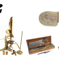 A large printed lower case letter F with medical instruments, a microscope and a fossil.