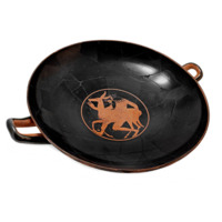 Kylix. A wide, shallow black dish with handles. In the centre is an illustration of a satyr and a deer.
