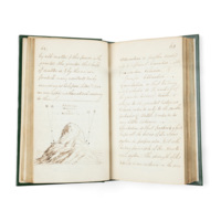 Notebook. An open manuscript book with a drawing of a mountain with a plumbline on either side and explanatory text.