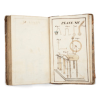 Notebook. An open manuscript book with an ink and watercolour illustration of an air pump consisting of two brass cylinders, tubes, and a glass bell jar in a wooden frame. Glass tubes of various shapes are also illustrated.