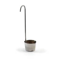 Ladle. A steel tub shaped ladle with a long hooked handle.