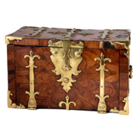 Dispatch box. An ornate rectangular wooden box, about a foot wide, with brass fittings. The box has veneer with a wavy grain which is arranged in panels radiating from the centre of each side, creating a flower like pattern.