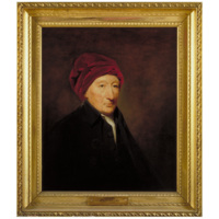 Portrait of Thomas Reid. Oil painting of an elderly white man, wearing a black gown and a red turban, in a gilded frame.