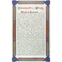 Page from the Littlejohn of Invercharron Challenge Vase album. The page has a richly coloured and gilded knotwork border, and is titled Camanachd or Shinty in calligraphic writing with decorated capitals surrounded by ivy. The page&#039;s text describes the history of shinty.
