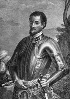Hernando de Soto. An engraving of a bearded man in a metal suit of armour.