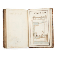 Notebook. An open manuscript book with an ink and watercolour illustration of a complex machine consisting of a large pump with weights hanging from it and multiple water reservoirs and channels.