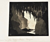 Drawing depicting a view of an interior of a cave looking towards the entrance. Stalactites are visible from the ceiling. A figure is visible in the far distance.
